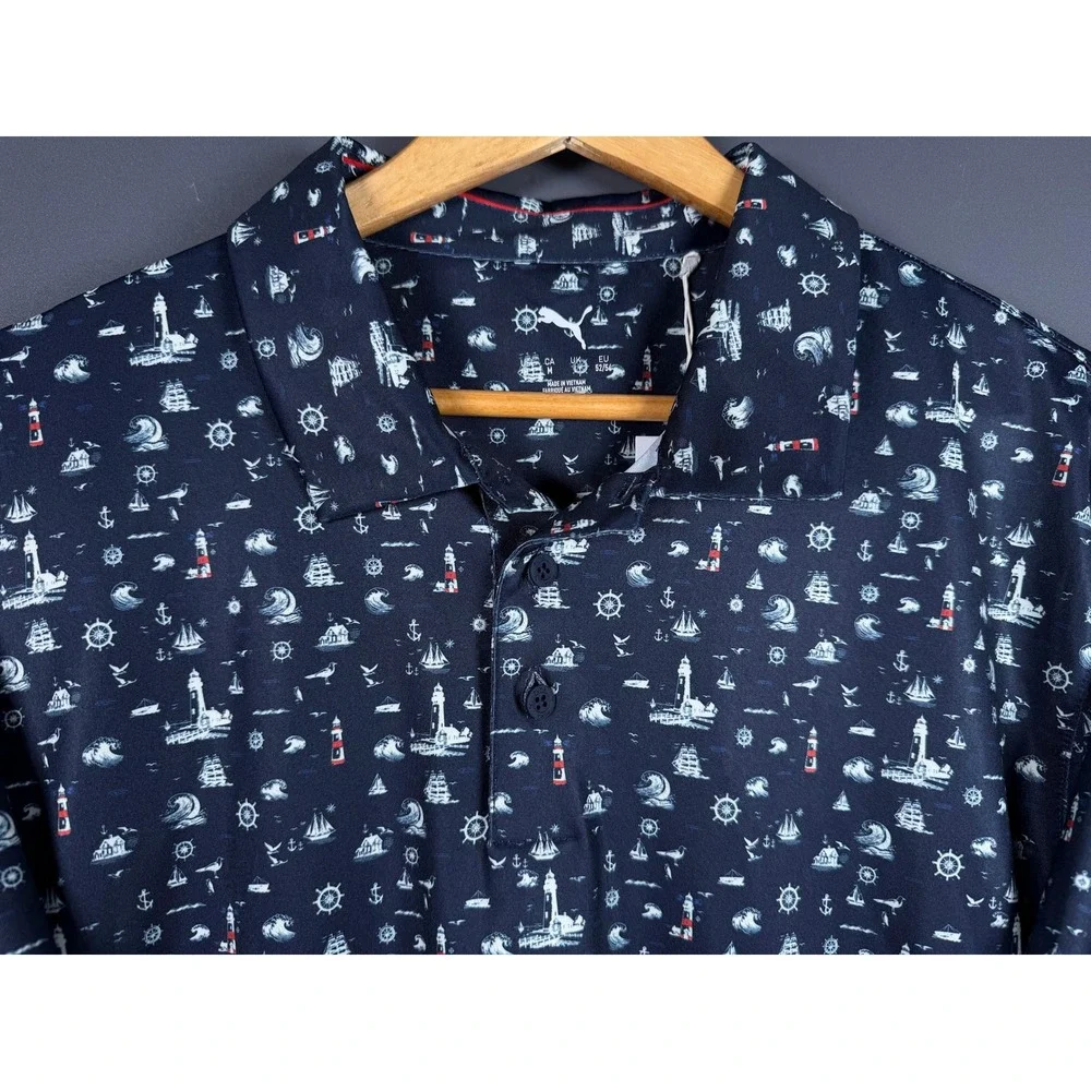 NWT Puma Golf Mens Medium MATTR Lighthouse Polo Navy Blue Nautical Print Shirt